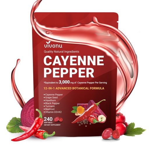 [BRSRG2TYCAHWGHLK] Cayenne Pepper Supplement, Supports Leg Vein, Heart and Blood Vessel Health, with Turmeric, Cinnamon, Vitamin E D3 K2 & Extracts of Grape Seed, Hawthorn, Beetroot, Berberine and Other (240 Capsule)