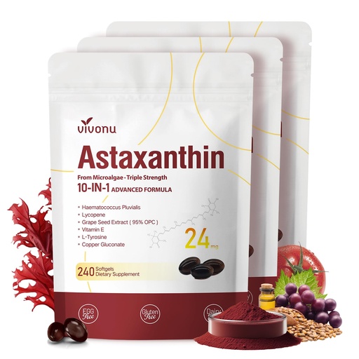 [BRSRGYYEAVYAIYI2] VivoNu Astaxanthin 24mg – Powerful Antioxidant Support for Skin, Eyes & Immune System – 10-in-1 Formula with Lycopene, Grape Seed, Vitamin E & Zinc – Triple Strength, 720 Softgels, 3 Bag