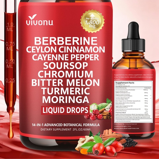 [BRSRGZYPO55GACTF] VivoNu 14-in-1 Berberine Liquid Drops – 1800mg High Strength with Ceylon Cinnamon, Chromium, Bitter Melon, Cayenne, Black Pepper, Soursop & Glucomannan – Botanical Dietary Supplement, 2 fl oz
