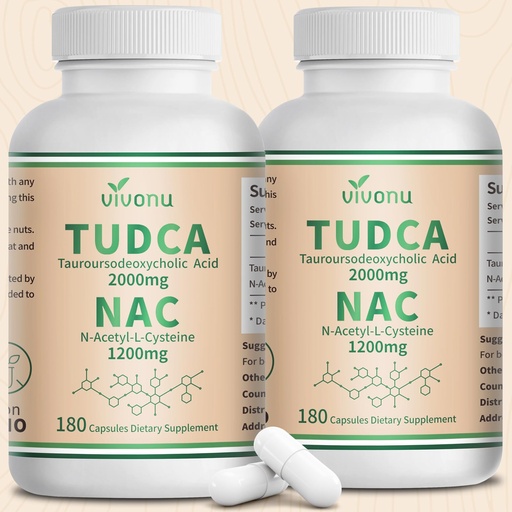 [BRSRGBAYOYNQEET5] VivoNu TUDCA 2000mg + NAC 1200mg Supplement Complex Capsules, TUDCA Bile Salt + N Acetyl Cysteine, Antioxidant Supplements for Liver&Lung&Digestion&Gallbladder Cleanse(180 Capsules)