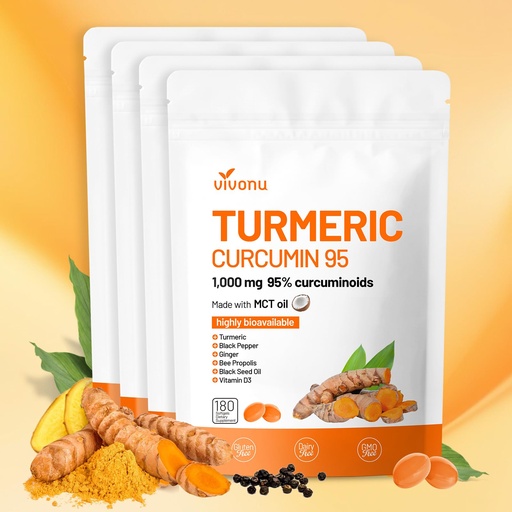 [BRSREGTQC4IRECI3] 10-in-1 Turmeric Supplement Softgels, 95% Curcumin for 1000mg, Made Mct Oil, 60-Day Supply with Black Pepper, Ginger, Propolis Powder, Black Seed Oil, Saw Palmetto Oil, Zinc, Vitamin D3, E, More 4 Bag