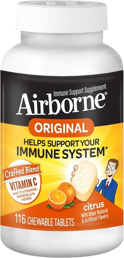 [BRSWYFALAB5QACDB] Airborne 1000mg Vitamin C + Zinc Immune Support supplement Chewable Tablets, Citrus Flavor with Powerful Antioxidants Vitamins A " E, 116 Chewable Tablets (3 Pack)