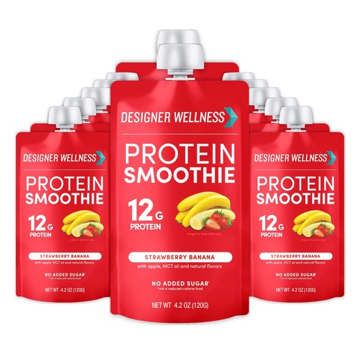 [BRSW2GI7BEFBQG3P] Designer Wellness Protein Smoothie, Strawberry Banana, 12g Whey Protein, Real Fruit Smoothie Snack, No Added Sugar, Low Carb, Gluten-Free, Shelf-Stable Protein Pouches with MCT Oil - 12 Pack