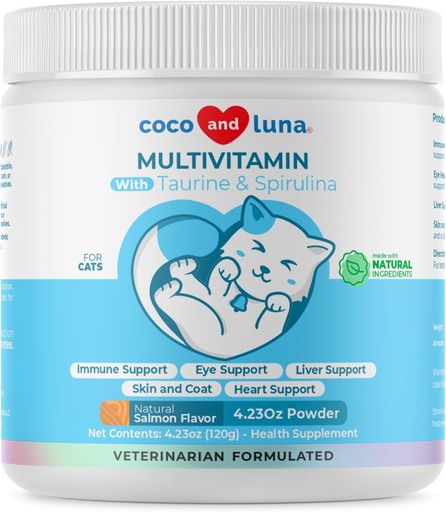 [BRSROHQEBF6AOE3L] Multivitamīni kaķiem - 4oz Pulveris - L-lizīns, Taurīns, un Spirulina Imūnsupporta un acu veselības - Zivju eļļa un vitamīni ādas un sirds veselībai. (Kaķiem)