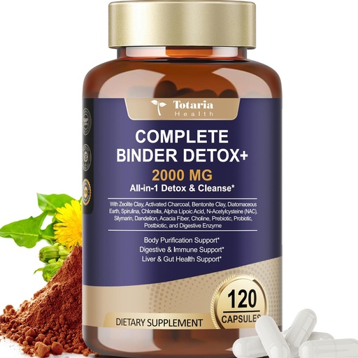 [BRSREHQLCAPGAAAU] Totaria 2000MG Complete Binder Detox+ Activated Charcoal, Zeolite, Bentonite Clay, NAC, Milk Thistle, Probiotic, All-in-1 Detox & Cleanse Supplement, Liver & Gut Support, 120 Counts