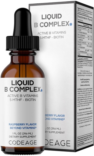 [BRSRECTYPJYWK3T7] Codeage Liquid B-Complex Supplement with 8 Forms of Vitamin B - Vitamin Thiamine B1, Riboflavin B2, B3, B5, B6, Biotin B7, Active Methylated B9 Folate & B12 - Raspberry Flavor - Non-GMO - 1 fl oz