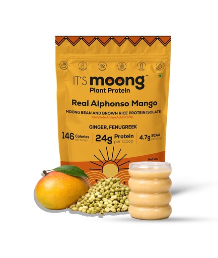 [BRSRGYYKOEBRM3LH] It's Moong Mung Bean & Brown Rice Isolate Protein | 24gms per Serve 4.7gms BCAA| Real Alphonso Mango | 500gms | Sprouted Plant Protein | Easy on the Gut, Easy Digestibility