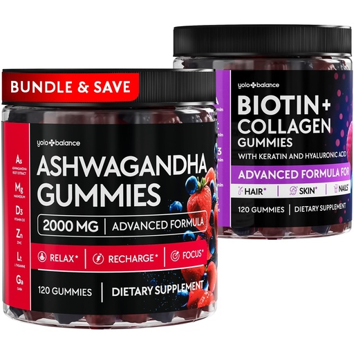 [BRSRGGLQAUNWECDL] Ashwagandha Gummies 2000mg and Biotin Collagen Gummies 10000mcg Bundle for Women Men Relaxation Hair Growth Skin Nails - Sugar Free Vegan Pectin with Keratin Hyaluronic Acid Magnesium Zinc Vitamin D3