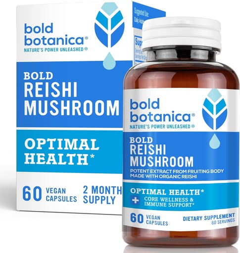 [BRSW2ZLYAQIWCHLL] Bold Botanica Reishi Mushroom Capsules - 100% Фруктовий орган - Концентрований екстракт органічних решітів для підтримки імунітету та Core Wellness - No Mycelia & No Зерна - 60 Vegan Capsules