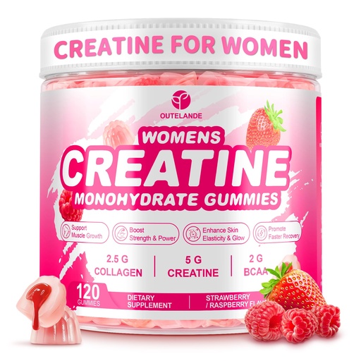 [BRSREAQPDN7WA2D2] Creatine for Women, Creatina Monohidratada Gummies with Collagen & BCAA, Creatine Supplement for Enhanced Muscle Growth, Energy Boost with L-Carnitine & Taurine, Sugar Free, Strawberry Flavor-120 Ct