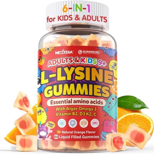 [BRSRE2YZPMPWC2DB] L-Lysine Gummies 500/1000mg with Algae Omega 3, Vitamin B2, D3, K2, C for Kids 9+, Teen & Adult, Lysine Supplement Support Immune, Lip & Oral, Collagen Production, Brain, Bone Health, Sugar Free 1Pack