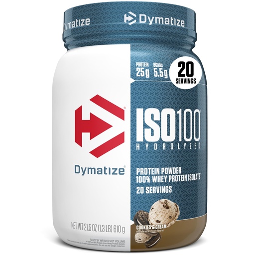 [BRSW2HY3OQIQ2YD5] Dymatize ISO100 Whey Protein Powder Isolate, Cookies & Cream, 25g of Protein, 5.5g BCAAs, Less Than 120 Cal., Gluten Free, 1g Fat, 1g Sugar, 2g Carb (20 Servings)