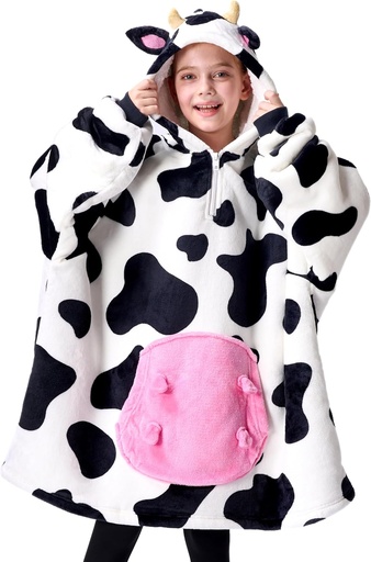 [BRSRA2Y6O56WAAI4] Giggling Getup Wearable Blanket Hoodie for Girls and Boys Sherpa Fleece Hooded Blanket Sweatshirt Warm Cozy Sherpa Wearable Throw Oversized Hoodie with Giant Pocket & Sleeves for Kids Cow