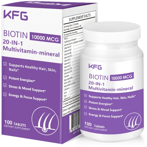 [BRSRAGL3CR7R63D5] KFG Biotin 10000mcg, Women’s Multivitamin-Mineral, with Keratin, Collagen, Calcium, Niacinamide & Vitamins A, B, D, C, E, for Women Hair, Skin, Nail & Bone Health, 100 Tablets.