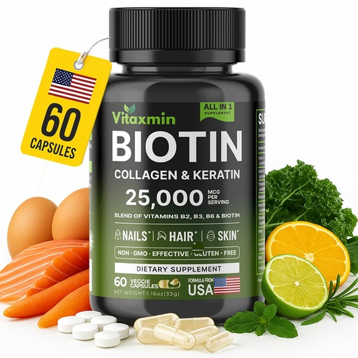 [BRSREGDRDEPQYDTV] Biotin 10000mcg with Collagen Keratin Hyaluronic Acid - Hair Growth Vitamins for Women & Men - Hair Skin and Nails Vitamins with B Complex - 60 Capsules