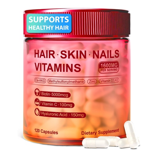[BRSRGZAFO4GRGE3Z] Hair Skin and Nails Vitamins – Biotin, Hyaluronic Acid, Calcium AKG, Vitamin C & Vitamin D3 K2 – Support Healthy Hair Growth, Strong Nails & Radiant Skin - 120 Capsules (1 Pack)