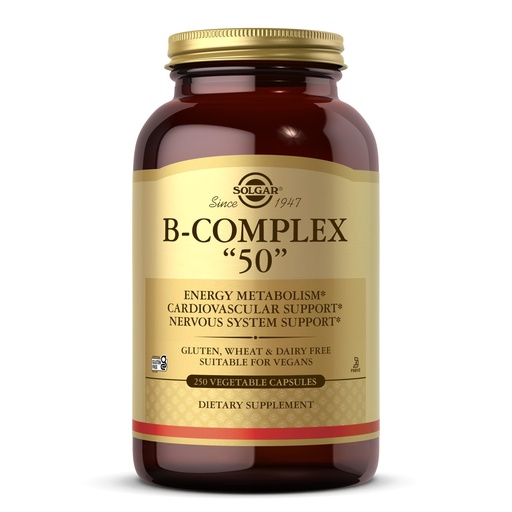 [BRSWIYT3OMABM232] Solgar B-Complex “50”, 250 Vegetable Capsules - Energy Metabolism, Cardiovascular Support, Nervous System Support - Non-GMO, Vegan, Gluten Free, Dairy Free, Kosher - 250 Servings