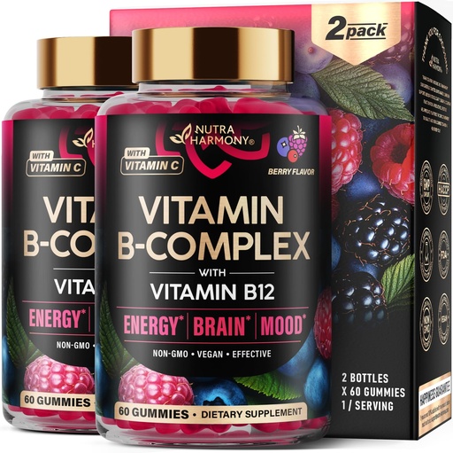 [BRSREFT5O4CBSCTG] Vitamin B-Complex Gummies for Women & Men - Vitamin B12, B1, B2, B3, B5, B6, B7 & B9 - B Complex with Vitamin C & Choline - Energy, Brain & Mood - Natural Berry Flavor, Vegan - 60 Gummies 2 Pack
