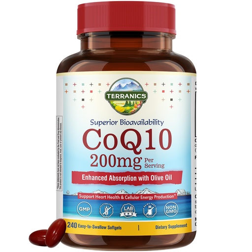 [BRSRAHYYCQAQEETU] Terranics CoQ10 200mg, Coenzyme Q10 Supplement with Extra Virgin Olive Oil for Enhanced Absorption, Made in USA, Supports Heart Health, Antioxidant Protection, Energy Production, Non-GMO, 240 Softgels