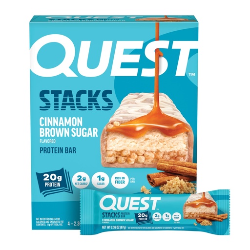 [BRSRGZAYDMCAMDI6] Quest Nutrition Stacks Protein Bars, Cinnamon Brown Sugar, 20g Protein, 2g Net Carbs, 1g Sugar, High Fiber, Low Sugar, Gluten Free, 4 Count
