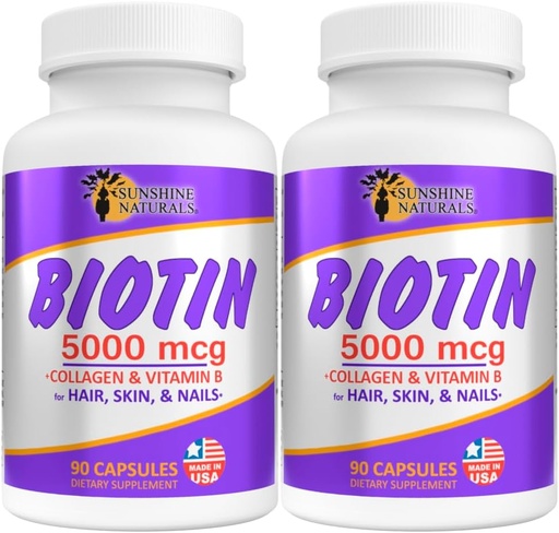 [BRSROAABDJYGKYLK] Sunshine Naturals Biotin Dietary Supplement. for Healthier Skin, Thicker Hair, Nail Growth. Collagen, Vitamin A, B for Hair Loss, Beauty, Cell Renewal, Scalp Health. 5000 mcg. 90 Capsules. Pack of 2