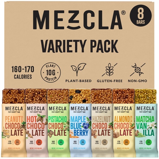 [BRSW2CD3AUBAICTZ] Mezcla Puff-Crispy Plant Based Protein Bars - Variety Pack - Healthy Snacks for Adults & Kids - Granola Bars for School, Travel, & Office Snacks - Gluten Free, Vegan, Non GMO, 10g Protein - 8 Count
