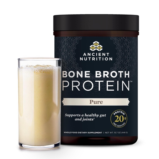[BRSWKFQGAEBWY3LY] Ancient Nutrition Grass Fed & Cage Free Bone Broth Protein Powder, 20g Protein Per Serving, Hydrolyzed Collagen Peptides, Glucosamine, Chondroitin, Supports Joint & Gut Health, Pure, 20 Servings