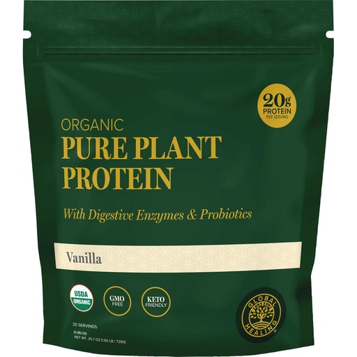 [BRSREH34CQCQGD34] Global Healing Organic Plant Vanilla Protein Powder for Men and Women 20g - Dairy Free Protein Powder with Digestive Enzymes & Probiotics to Support Gut Health (1.6 Lbs)