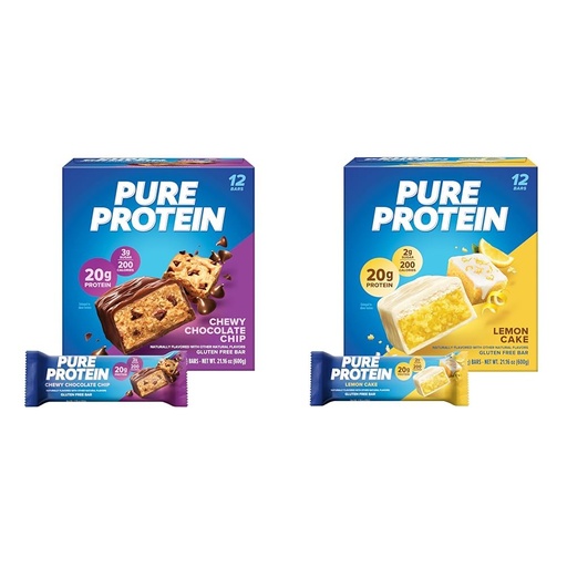 [BRSROCACDIJRMAI4] Pure Protein Bars, High Protein, Nutritious Snacks, Chewy Chocolate Chip & Lemon Cake Flavors, 20g Protein, 1.76oz, Pack of 12