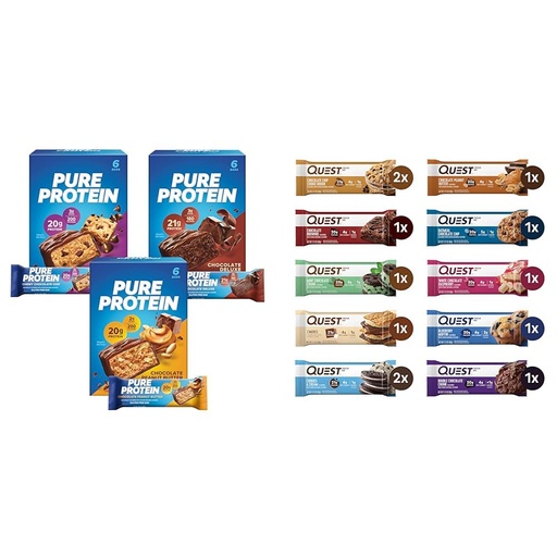[BRSRAZTYOECG2G3Z] Pure Protein Bars Variety Pack with 18 Bars & Quest Nutrition Protein Bars Variety Pack with 12 Bars, High Protein, Gluten Free