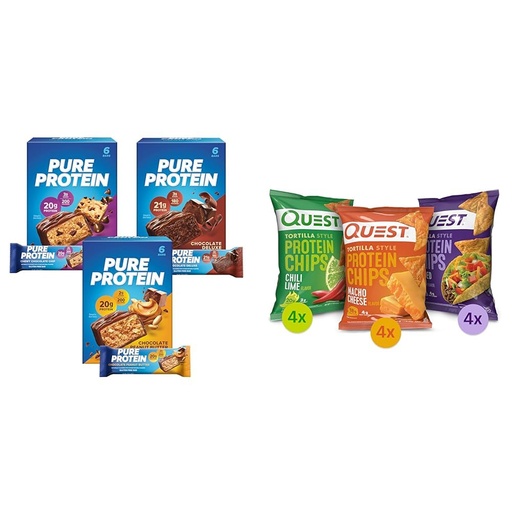 [BRSROCYKPMFRSCLZ] Pure Protein Bars, High Protein, Nutritious Snacks to Support Energy, Low Sugar, Gluten Free & Quest Nutrition Tortilla Style Protein Chips Variety Pack, Chili Lime, Nacho Cheese, Loaded Taco