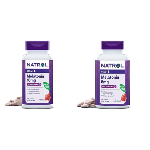 [BRSRAYYYAQDWAHLG] Natrol Melatonin 10mg 200 Tablets & 5mg 200 Tablets Strawberry-Flavored Fast-Dissolve Sleep Support Dietary Supplement Bundle