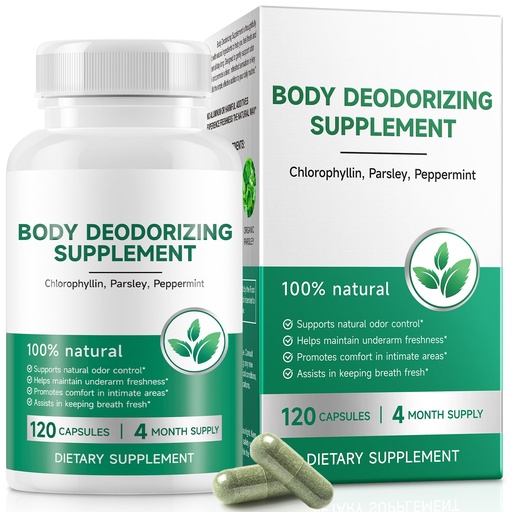 [BRSREAL7OIJRACTO] Chlorophyll Capsules Internal Deodorant Supplement, Natural Body Odor Control for Whole Body Freshness, Chlorophyll with Parsley & Mint for Breath, Gut & Digestive Support, Vegan, 120 Capsules