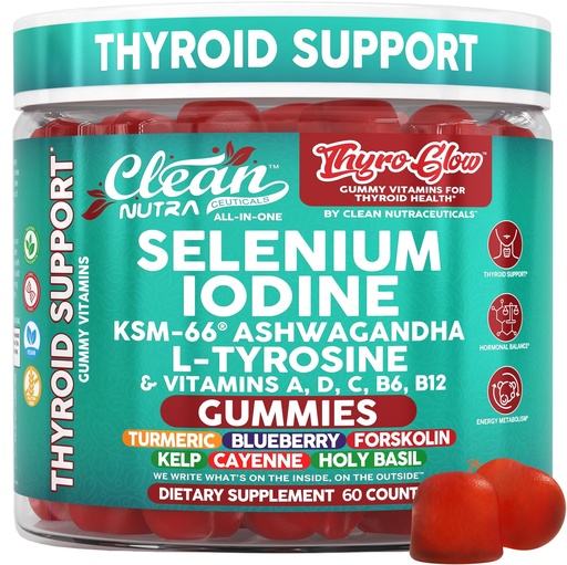 [BRSREEAFOYCB4DLX] ThyroGlow Thyroid Support Gummies Selenium Iodine KSM 66 Ashwagandha L Tyrosine Vitamin D, C, B12, B6 Turmeric Blueberry Holy Basil Folate Bladderwrack By Clean Nutra