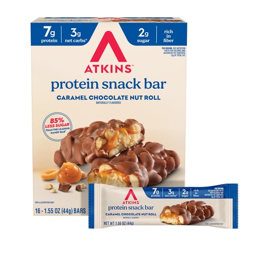 [BRSRMCANDFYROHIY] Atkins Caramel Chocolate Nut Roll Snack Bar, Protein Snack , 7g Protein, 2g Sugar, High Fiber Snack, 16 Count