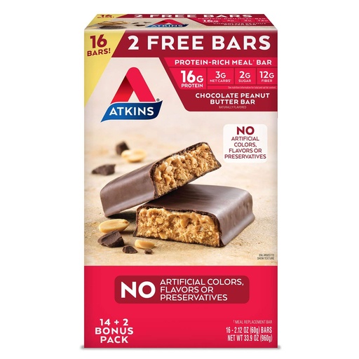 [BRSRMFQNBEPW2CQ7] Atkins Meal Bar Chocolate Peanut Butter Pack (14 Count + 2 Bonus Bars)
