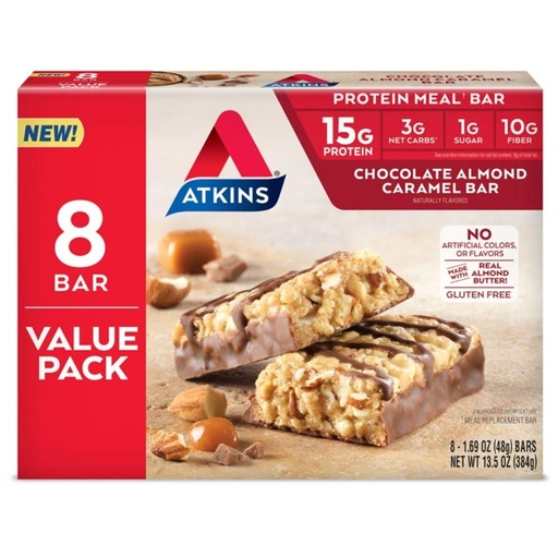 [BRSWYYYLB55BEF3V] Atkins Chocolate Almond Caramel Protein Meal Bar, High Fiber, 15g Protein, 1g Sugar, 3g Net Carbs, Meal Replacement, Keto Friendly, 8 Count