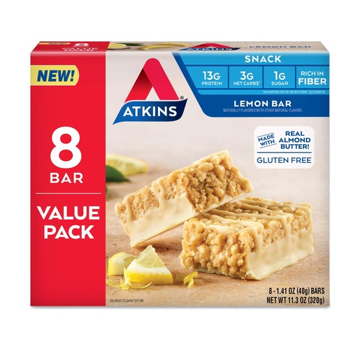 [BRSWYYYODNYGO3LU] Atkins Lemon Snack Bar, Made with Real Almond Butter, 1g Sugar, Gluten Free, High in Fiber, Keto Friendly, 8 Count