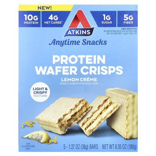 [BRSREZAQDIHWKG3J] Atkins Anytime Snacks, Protein Wafer Crisps, Lemon Creme, 5 Bars, 1.27 oz (36 g) Each