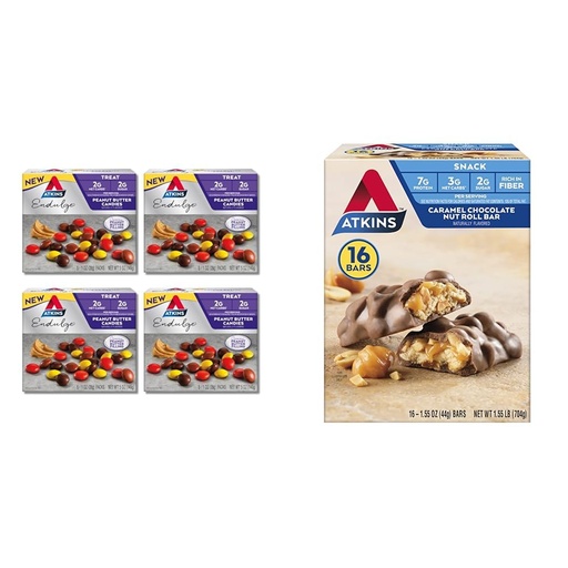 [BRSROBQBBYFWCH3D] Atkins Endulge Treat, Peanut Butter Candies, 2g Net Carbs, 2g Sugar & Caramel Chocolate Nut Roll Snack Bar, Protein Snack, High in Fiber, 2g Sugar, 16 Count