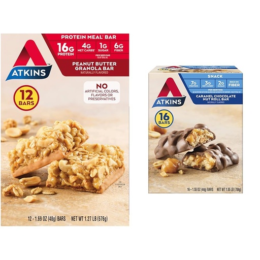 [BRSROBL3DF6R6YA2] Atkins Peanut Butter Granola Protein Meal Bar, High Fiber, 16g Protein, 1g Sugar, 4g & Caramel Chocolate Nut Roll Snack Bar, Protein Snack, High in Fiber, 2g Sugar, 16 Count