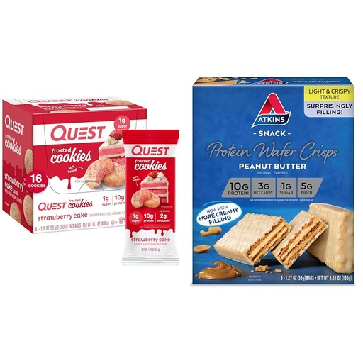 [BRSRAYYYCJYQOCQ4] Quest Nutrition Frosted Strawberry Cake Cookies & Atkins Peanut Butter Protein Wafer Crisps Bundle, 1g Sugar Cookies, 4g Net Carb Wafers