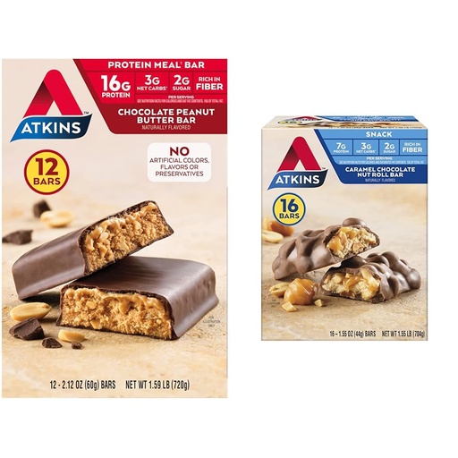 [BRSROBL3DIDREDTZ] Atkins Chocolate Peanut Butter Protein Meal Bar, High Fiber, 16g Protein, 2g Sugar & Caramel Chocolate Nut Roll Snack Bar, Protein Snack, High in Fiber, 2g Sugar, 16 Count