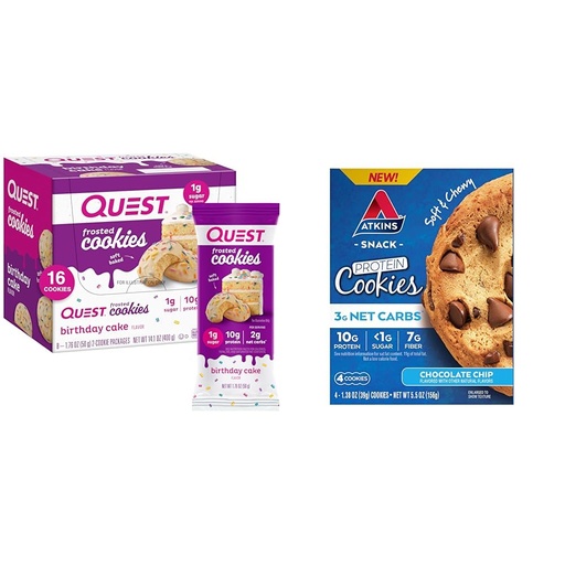 [BRSRAYYYCNYGCDT3] Quest Birthday Cake Frosted Twin Pack & Atkins Chocolate Chip Protein Cookies, 16 & 4 Count