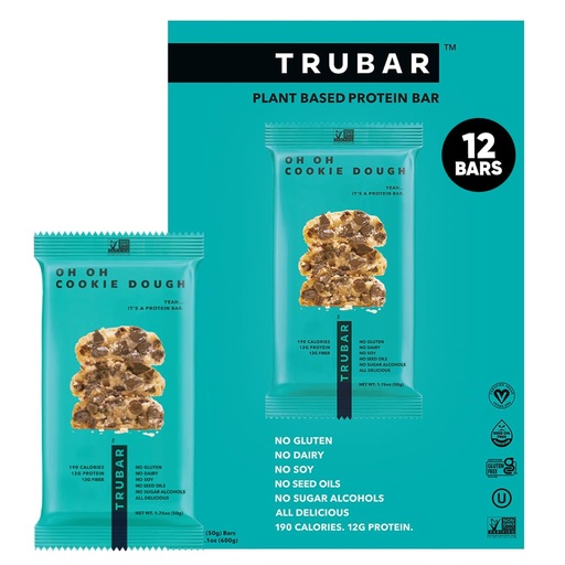 [BRSWG2Q6A4OQ2YLD] TRUBAR Vegan Protein Bar, Oh Oh Cookie Dough, Gluten Free, Plant Based Protein, Dairy Free, Non GMO, Soy Free, No Sugar Alcohols, 12G Protein, 13G Fiber, Healthy on the Go Snack Bars, 12 CT