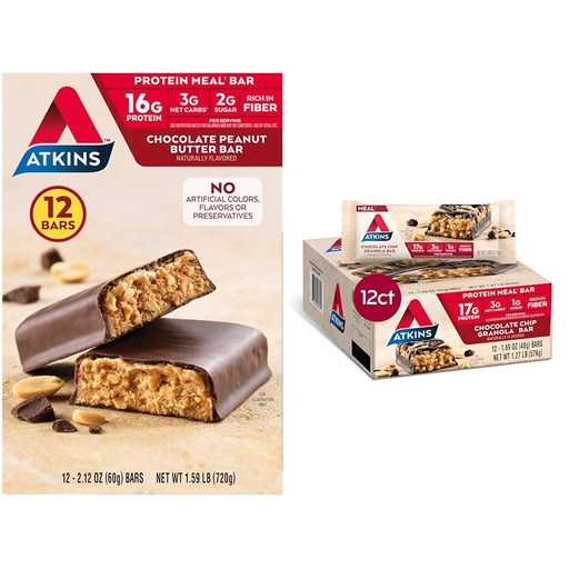 [BRSRAY33AEBBUHLJ] Atkins Chocolate Peanut Butter & Chocolate Chip Granola Protein Meal Bars, High Fiber, 16-17g Protein, 1-2g Sugar, 3g Net Carbs, 12 Count