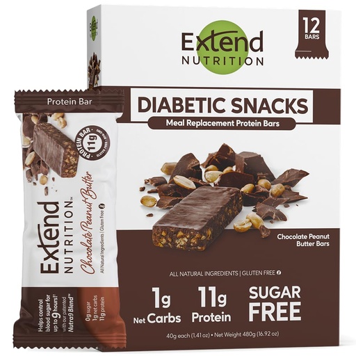 [BRSROBI2AACGEAL4] Extend Sugar Free Protein Bars, Perfect Diabetic Snacks, High Protein and Fiber, Hunger Control & Steady Energy, Low Carb, Keto Friendly (12 Count, Chocolate Peanut Butter)