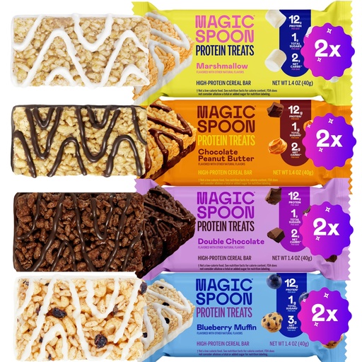 [BRSRAGD2BMCR623O] Magic Spoon Treats - 8 High Protein Bars: 2 Marshmallow, 2 Chocolate Peanut Butter, 2 Blueberry Muffin, 2 Double Chocolate - High Protein Gluten Free Snack - Sugar Free Protein Cereal Bar