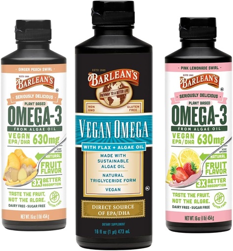 [BRSRMEL3OQCWYCLP] Barlean's Vegan Omega 3 Aļģu eļļa Šķidrā papildinājums Bundle, Ietver Linsēklu un Aļģu eļļu Blend, Ingvera persiku un Pink Lemonade Flavors, EPA un DHA Taukskābes
