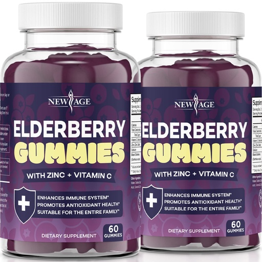 [BRSWYZDRCUHB4EY7] NEW AGE (2-Pack) Premium Elderberry Gummies for Adults Kids with Vitamin C, Zinc, Propolis - Sambucus Black Elderberry Gummy Extract - Gluten Free & Vegetarian - 120 Gummies